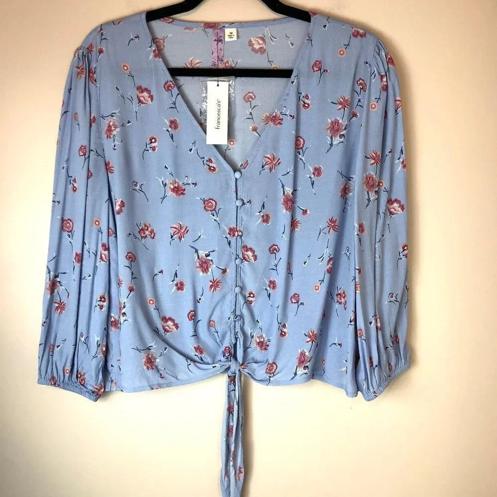 Alya | Blue Floral Printed Button Up Tie Blouse